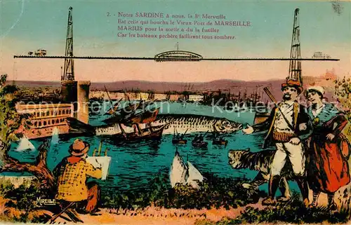 AK / Ansichtskarte Marseille Bouches du Rhone Transbordeur vieux port sardine dessin Kuenstlerkarte