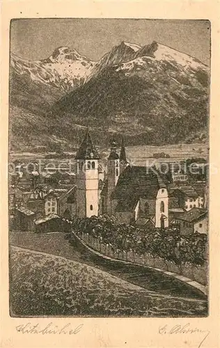 AK / Ansichtskarte Kitzbuehel Tirol Ortsansicht mit Kirche Alpen Zeichnung Kuenstlerkarte Kat. Kitzbuehel