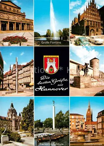 AK / Ansichtskarte Hannover Oper Grosse Fontaene Altes Rathaus Burgstrasse Beginenturm Neues Rathaus Fackeltraegersaeule Duvebrunnen Kat. Hannover