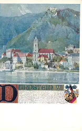 AK / Ansichtskarte Duernstein Wachau Blick ueber die Donau Kirche Schloss Wappen Kuenstlerkarte Verlag des Vereins Suedmark Karte Nr 192 Kat. Duernstein