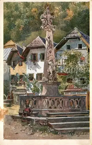 AK / Ansichtskarte Hallstadt Bayern Marktplatz Brunnen Kuenstlerkarte Kat. Hallstadt