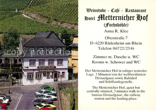 AK / Ansichtskarte Ruedesheim Rhein Hotel Metternicher Hof Fliegeraufnahme Kat. Ruedesheim am Rhein