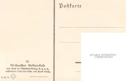 AK / Ansichtskarte Alt Frankfurt Goldhutgasse nach Original Linolschnitt von Frank Brosig Kuenstlerkarte