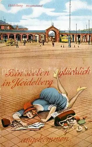 AK / Ansichtskarte Heidelberg Neckar Hauptbahnhof Ankunft Karikatur Kuenstlerkarte Kat. Heidelberg