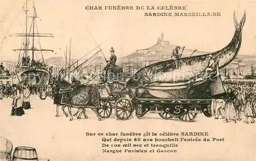 AK / Ansichtskarte Marseille Bouches du Rhone Char Funebre de la celebre Sardine Marseillaise Dessin Kuenstlerkarte