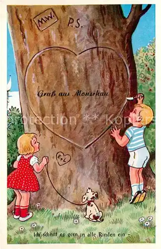 AK / Ansichtskarte Monschau "Ich schnitt es gern in alle Rinden ein" Kinder mit Hund Herz Baum Kat. Monschau