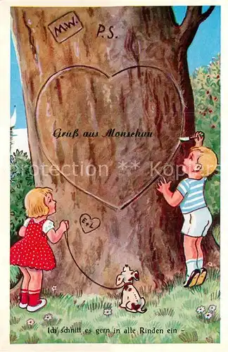 AK / Ansichtskarte Monschau "Ich schnitt es gern in alle Rinden ein" Kinder mit Hund Herz Baum Kat. Monschau