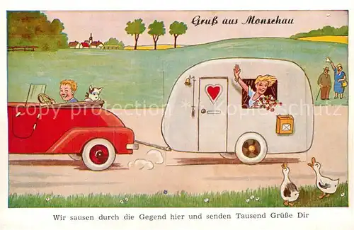 AK / Ansichtskarte Monschau "Wir sausen durch die Gegend hier" Auto mit Wohnwagen Hund Enten Kat. Monschau