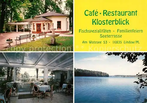 AK / Ansichtskarte Lindow Mark Cafe Restaurant Klosterblick Gastraum Seepanorama Kat. Lindow Mark