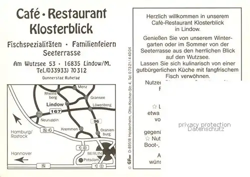 AK / Ansichtskarte Lindow Mark Cafe Restaurant Klosterblick Gastraum Seepanorama Kat. Lindow Mark