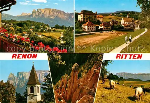 AK / Ansichtskarte Ritten Renon Panorama Teilansicht Kirchturm Rinderherde Kat. Renon Ritten Suedtirol