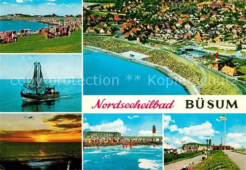 AK / Ansichtskarte Buesum Nordseebad Strand Fischkutter Promenade Fliegeraufnahme Kat. Buesum