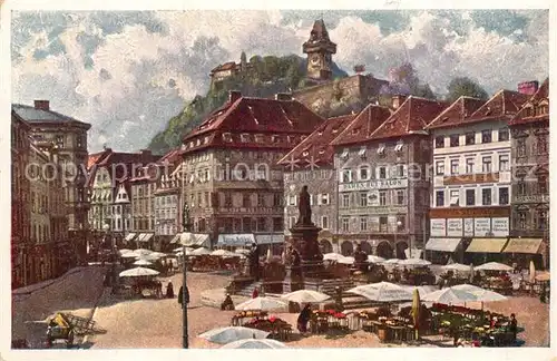 AK / Ansichtskarte Graz Steiermark Hauptplatz Denkmal Marktplatz mit Schlossberg Kuenstlerkarte Nr 7012 10 Kat. Graz