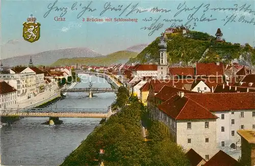 AK / Ansichtskarte Graz Steiermark Mur 3 Bruecken mit Schlossberg Kat. Graz