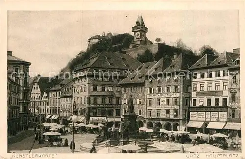 AK / Ansichtskarte Graz Steiermark Hauptplatz Denkmal Markt Schlossberg Uhrturm Kuenstlerkarte Kat. Graz