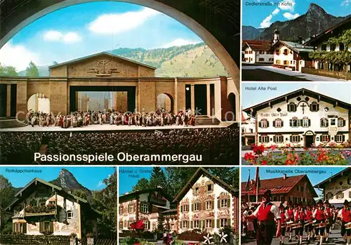 AK / Ansichtskarte Oberammergau Rotkaeppchenhaus Haensel und Gretel Haus Dedlerstr Hotel Alte Post Musikkapelle Kat. Oberammergau
