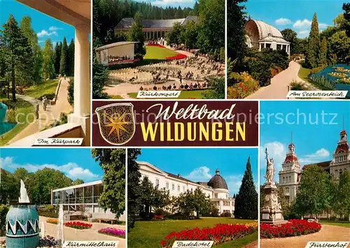 AK / Ansichtskarte Wildungen Bad Kurpark Kurkonzert Seerosenteich Kurmittelhaus Badehotel Kat. Bad Wildungen