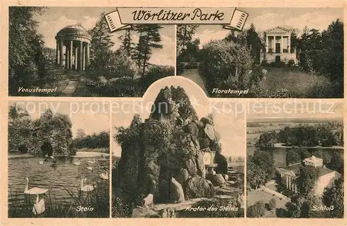 AK / Ansichtskarte Woerlitz Woerlitzer Park Venustempel Floratempel Schloss Krater des Steins Schwaene Kat. Woerlitz