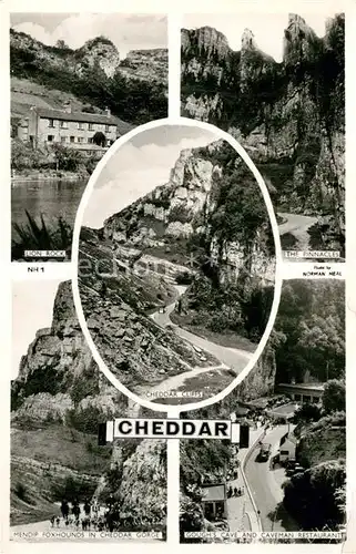 AK / Ansichtskarte Cheddar Lion Rock Pinnacles Cheddar Cliffs Mendip Foxhounds in Cheddar Gorge Goughs Cave and Caveman Restaurant