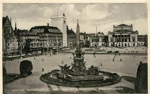 AK / Ansichtskarte Leipzig Augustusplatz Hochhaus mit Glockenspiel Mendebrunnen Kat. Leipzig