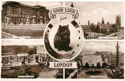 AK / Ansichtskarte London Buckingham Palace Houses of Parliament Trafalgar Square Monument Hyde Park Corner Black Cat Excel Series Kat. City of London