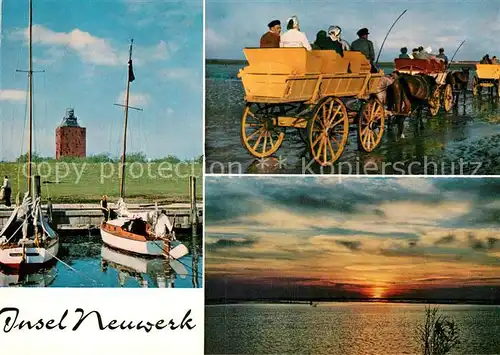 AK / Ansichtskarte Insel Neuwerk Hafen mit Turm Wattwagen Segeljachten Sonnenuntergang ueber dem Wattenmeer Kat. Hamburg