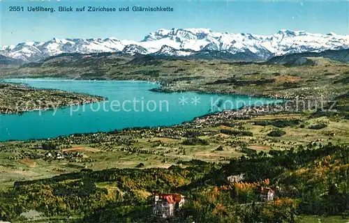 AK / Ansichtskarte Uetliberg ZH Fliegeraufnahme mit Zuerichsee und Alpen Glaernischkette