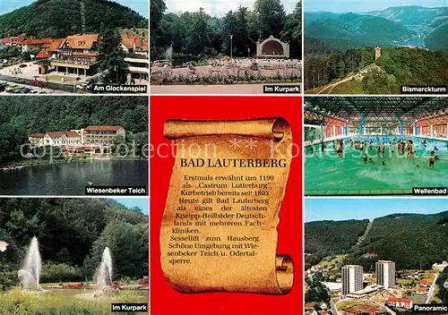 AK / Ansichtskarte Bad Lauterberg Am Glockenspiel Im Kurpark Bismarckturm Wiesenbeker Teich Wellenbad Kurpark Panoramic Kat. Bad Lauterberg im Harz