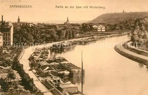 AK / Ansichtskarte Saarbruecken Partie an der Saar mit Winterberg Frachkaehne Binnenschifffahrt Kat. Saarbruecken