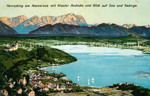 AK / Ansichtskarte Herrsching Ammersee Panorama mit Kloster Andechs und Seepartie  Kat. Herrsching a.Ammersee