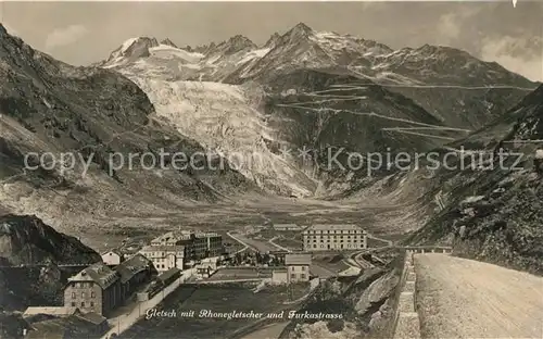AK / Ansichtskarte Gletsch mit Rhonegletscher und Furkastrasse Gebirgspass Alpen Kat. Rhone