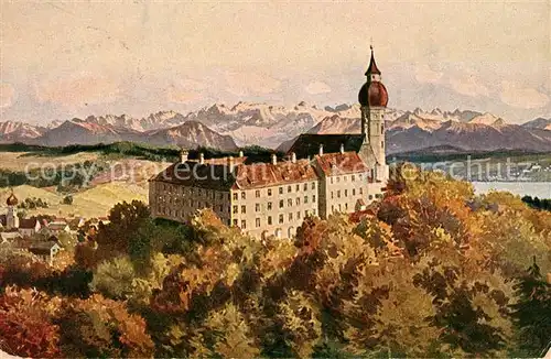 AK / Ansichtskarte Andechs Kloster Alpenpanorama Herbststimmung Kuenstlerkarte Kat. Andechs