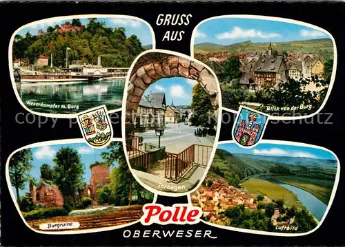 AK / Ansichtskarte Polle Oberweser Weserdampfer Burg Burgruine Panorama