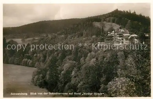 AK / Ansichtskarte Schwarzburg Thueringer Wald Blick von der Schlossterrasse auf Hotel Weisser Hirsch Kat. Schwarzburg