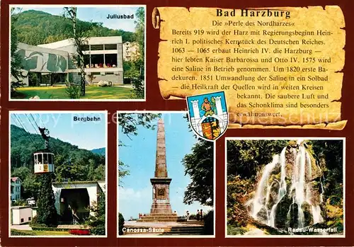 AK / Ansichtskarte Bad Harzburg Juliusbad Bergbahn Canossa Saeule Radau Wasserfall Kat. Bad Harzburg