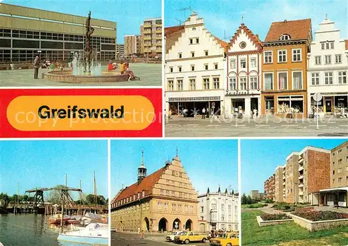 AK / Ansichtskarte Greifswald Sporthalle Plastik PdF Wiecker Bruecke Rathaus Neubaugebiet Schoenwalde