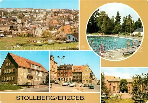 AK / Ansichtskarte Stollberg Erzgebirge Panorama Freibad Haus der Gewerkschaft Markt Kulturhaus Kat. Stollberg