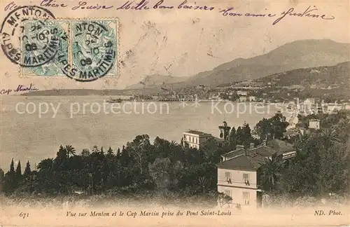AK / Ansichtskarte Menton Alpes Maritimes Cap Martin prise du Pont Saint Louis Kat. Menton