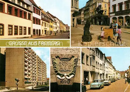 AK / Ansichtskarte Freiberg Sachsen Spaetgot Buergerhaeuser Karl Marx Str Aug Bebel Strasse Fortuna Brunnen Meissner Gasse Schlusstein Kat. Freiberg