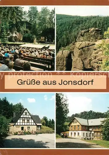 AK / Ansichtskarte Jonsdorf Waldtheater Blick zur Schluchtwand Jugendherberge Walter Husemann HOG Gondelfahrt Kat. Kurort Jonsdorf