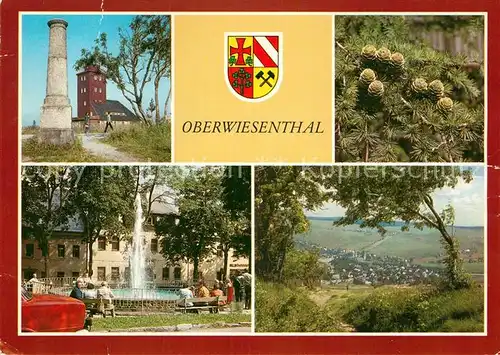 AK / Ansichtskarte Oberwiesenthal Erzgebirge Meteorolog Station und Gradmessungssaeule Laerchenzapfen Springbrunnen Markt Teilansicht Kat. Oberwiesenthal