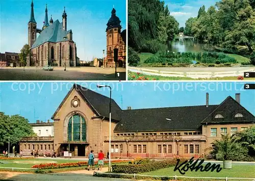 AK / Ansichtskarte Koethen Anhalt Marktplatz mit St Jakobskirche Rathaus Hubertusteich Bahnhof Kat. Coethen