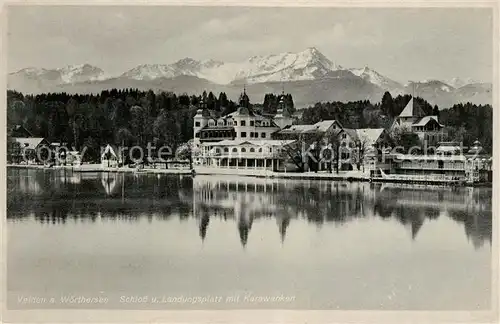 AK / Ansichtskarte Velden Woerthersee Schloss und Landungsplatz mit Karawanken