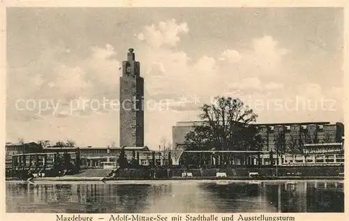 AK / Ansichtskarte Magdeburg Adolf Mittag See mit Stadthalle und Ausstellungsturm Kat. Magdeburg