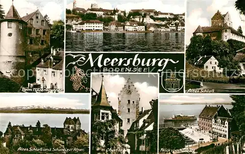 AK / Ansichtskarte Meersburg Bodensee Baerenbrunnen Altes Schloss Schweizer Alpen Obertor Blick vom Kaenzele Kat. Meersburg