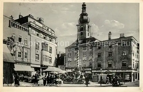 AK / Ansichtskarte St Poelten Herrenplatz mit Mariensaeule Markt Kirchturm Kat. St. Poelten