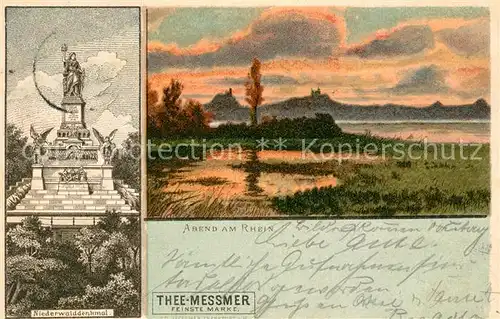 AK / Ansichtskarte Ruedesheim Rhein Abend am Rhein Niederwalddenkmal Werbung Tee Messmer Kuenstlerkarte Kat. Ruedesheim am Rhein
