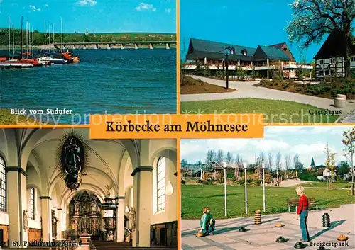 AK / Ansichtskarte Koerbecke Moehnesee Blick vom Suedufer Gaestehaus St Pankratius Kirche Freizeitpark Kat. Moehnesee