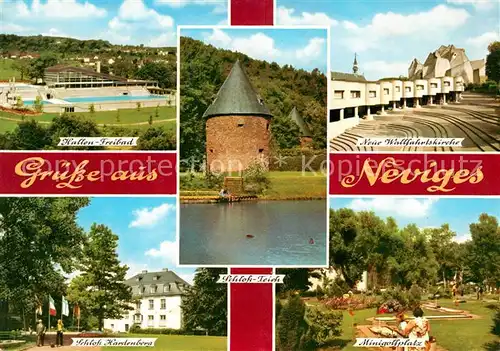 AK / Ansichtskarte Neviges Velbert Hallen Freibad Neue Wallfahrtskirche Schloss Hardenberg Schloss Teich Minigolfplatz