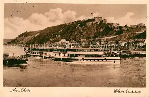 AK / Ansichtskarte Dampfer Seitenrad Vaterland Ehrenbreitstein Rhein  Kat. Schiffe